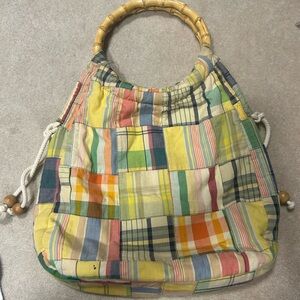 J Crew patched madras bag.